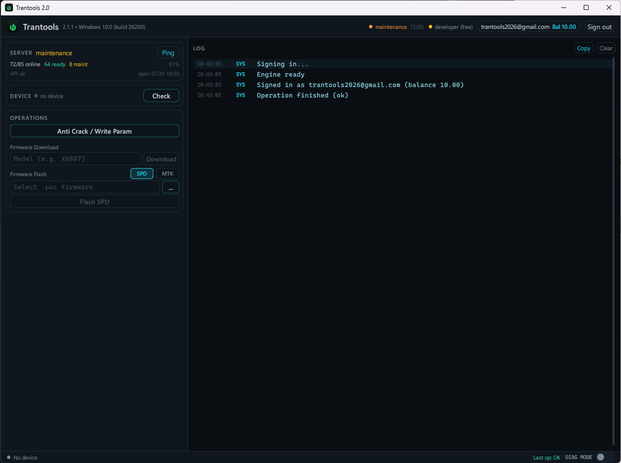 Trantools desktop app — sign in, then run Write IMEI, Remove FRP, Anti Crack or firmware Download
